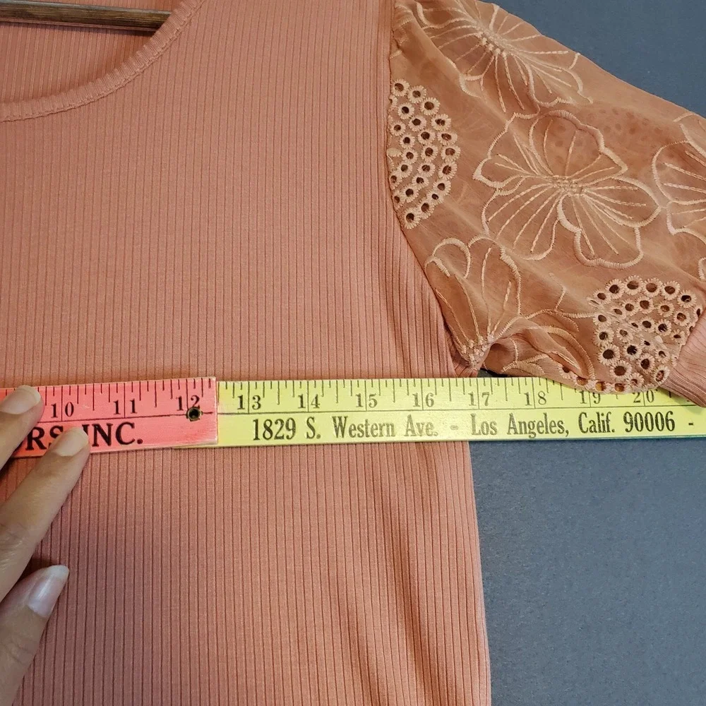 Absolutely Famous S Peach Ribbed Shirt Sheer Eyelet Floral Puffy Short Sleeve